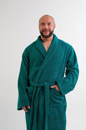 Мужской махровый халат без капюшона с вышивкой / изумруд