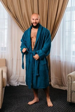 Мужской махровый халат без капюшона / синий