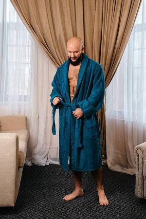Мужской махровый халат без капюшона / синий