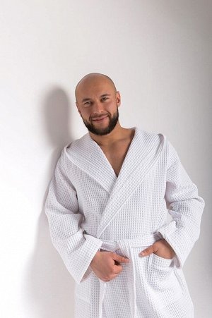 Мужской вафельный халат PandaHug Orlando с капюшоном / белый