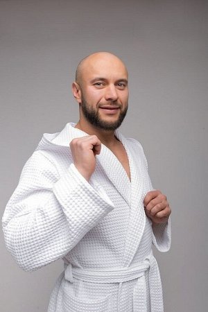 Мужской вафельный халат PandaHug Orlando с капюшоном / белый