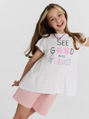 Блузка для девочек белая с принтом и надписью "see good in all things"