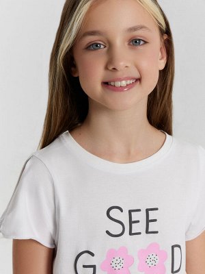 Блузка для девочек белая с принтом и надписью "see good in all things"