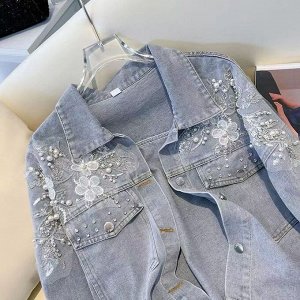 Короткая джинсовая куртка с длинными рукавами с цветочным принтом и бисером, синий