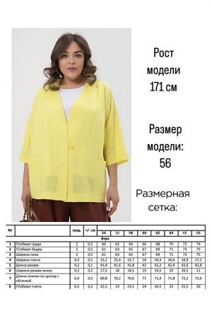 Жакет Цвет:
желтый
Состав:
75%Лен 25% Хлопок
Длина изделия:
71 см
Размер модели:
56
Рост модели:
171 см
Стильный льняной жакет, полуприлегающего силуэта. Прилегание по груди за счет вытачек. Модель с 