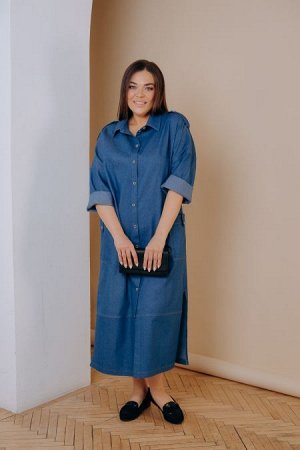 Платье Цвет:
синий
Состав:
95% хлопок 5% Эластан
Длина изделия:
123 см
Размер модели:
54
Рост модели:
171 см
Платье-рубашка прямого силуэта из джинсовой ткани. По центру переда  застежка на петли-пуго