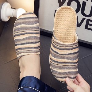 Льняные полосатые домашние дышащие тапочки , серый