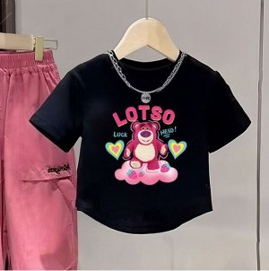 Костюм для девочек: футболка с мультяшным принтом+ брюки, розовый+черный