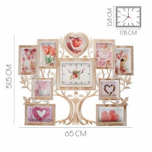 Фоторамка-коллаж на 9 фото с часами настенными «Семейное дерево», бесшумные, 51.5x65 см