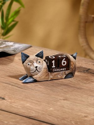 Вечный календарь «Кошка», 13x4x6.5 см, дерево