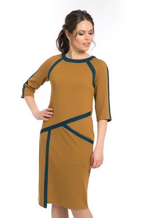 Платье горчичное с контрастными вставками П-538  горчичный/морская волна