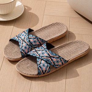 Льняные домашние дышащие тапочки с рисунком , голубой