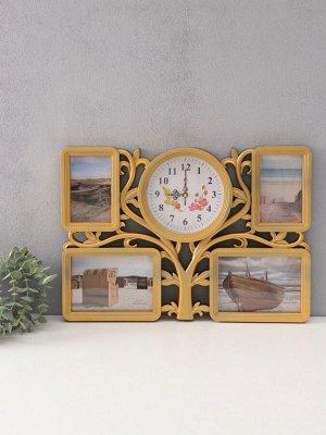 Фоторамка-коллаж на 4 фото с часами настенными «Семейное дерево», 48x33 см