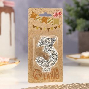 Свеча в торт с блестками «Цифра 3», 6.5x4 см, серебряная