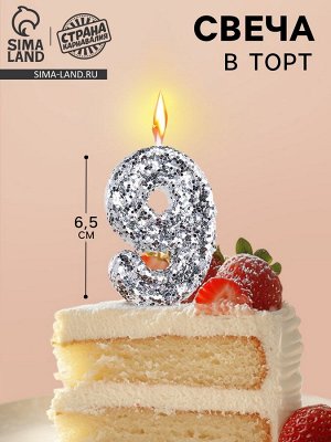 Свеча в торт с блестками «Цифра 9», 6.5x4 см, серебряная