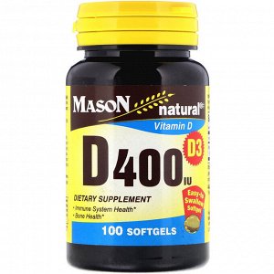 Mason Natural, Витамин D3, 400 IU, 100 мягких таблеток