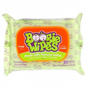 Boogie Wipes, Салфетки с натуральной солью для текущего носа, свежий запах, 30 салфеток