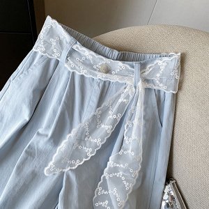 Кружевные прямые брюки, голубые