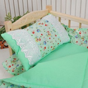Кукольное постельное"Цветочки на зеленом "простынь,одеяло,46*36,подушка 27*17