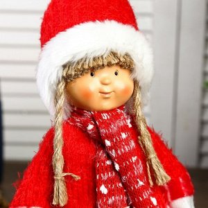 Кукла интерьерная "Девочка Валя в красном наряде, в шапке с бомбошкой" 38х12х17 см