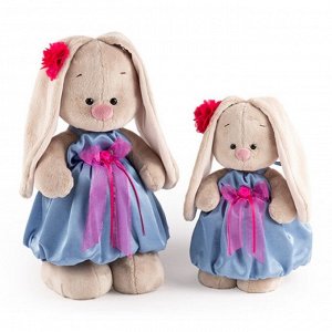 Мягкая игрушка "Зайка Ми" в синем платье с розовым бантиком, 23 см