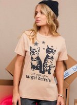 Футболка подростковая для девочки из хлопка с коротким рукавом и с принтом цвет Бежевый