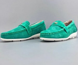 Мокасины из натуральной замши с перфорацией, зеленый
