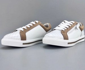 Кеды из натур. кожи с перфорацией на шнурках и молнии, белый