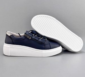 Кеды из натур. кожи на толстой подошве, на шнурках и молнии, синий