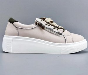 Кеды из натур. кожи на толстой подошве, на шнурках и молнии, беж