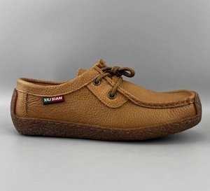 Мокасины из натур. кожи с прорезиненным носком на шнурках, коричневый