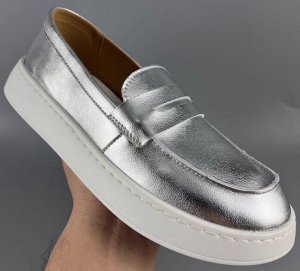 Лоферы из натур. кожи мягкие на толстой подошве, серебро