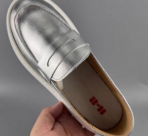 Лоферы из натур. кожи мягкие на толстой подошве, серебро