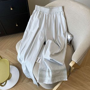 Свободные прямые штаны с кружевными рюшами, серый