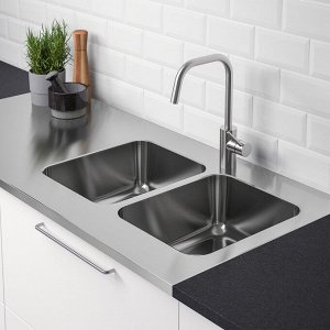 OLOFSJ?N, столешница с 2 встроенными раковинами, нержавеющая сталь, 140x63,5 см