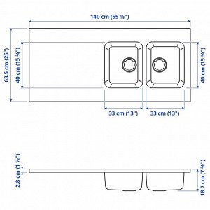 OLOFSJ?N, столешница с 2 встроенными раковинами, нержавеющая сталь, 140x63,5 см