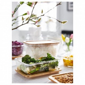 IKEA 365+, контейнер для пищевых продуктов с крышкой, прямоугольное стекло / бамбук, 1,8 л