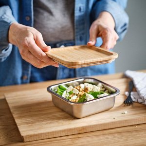 IKEA 365+, контейнер для пищевых продуктов с крышкой, квадратный из нержавеющей стали /бамбука, 600 мл