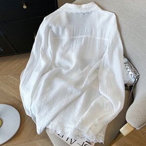 Сбодная рубашка с длинными рукавами с кружевной строчкой, белая
