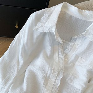Сбодная рубашка с длинными рукавами с кружевной строчкой, белая