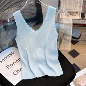 Кружевная майка с V-образным вырезом в рубчик, голубая