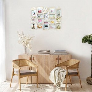 Фоторамка-коллаж на 15 фото с часами настенными «Дом», бесшумные, 54.5x74 см