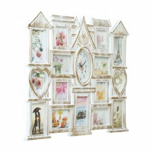 Фоторамка-коллаж на 15 фото с часами настенными «Дом», бесшумные, 54.5x74 см