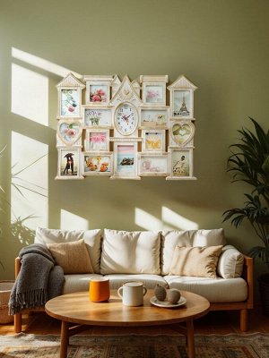 Фоторамка-коллаж на 15 фото с часами настенными «Дом», бесшумные, 54.5x74 см