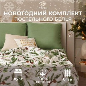 Постельное белье новогоднее "Этель" Дуэт Еловые ветви 143*215 см - 2 штуки, 240*220 см, 70*70 см - 2 штуки