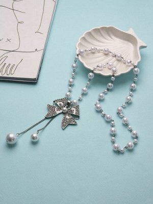 Кулон с жемчугом «Бантик» крупный, белый в серебре, 70 см