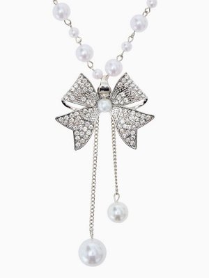 Кулон с жемчугом «Бантик» крупный, белый в серебре, 70 см