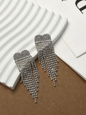 Серьги висячие со стразами «Вечное сияние» сердечки, белые в серебре