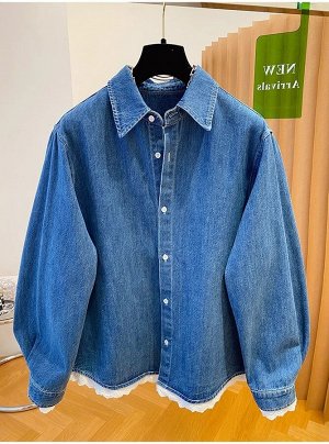 Джинсовая рубашка с длинными рукавами и кружевом, синий