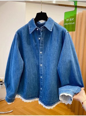Джинсовая рубашка с длинными рукавами и кружевом, синий
